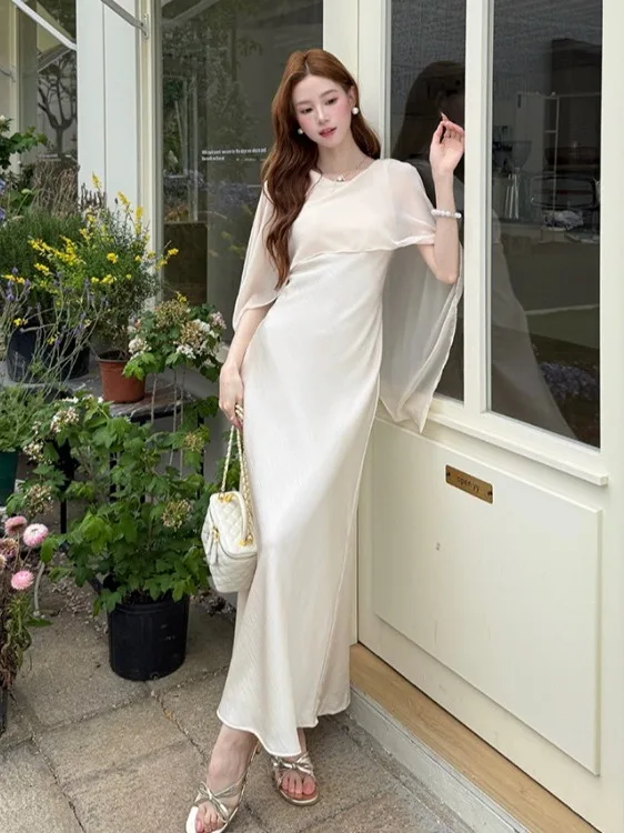 

Elegant Long Coat Style Dress Gentle Two-Piece Design Summer New Waist-Cinching Slimming French Style A-Line Skirt Dress