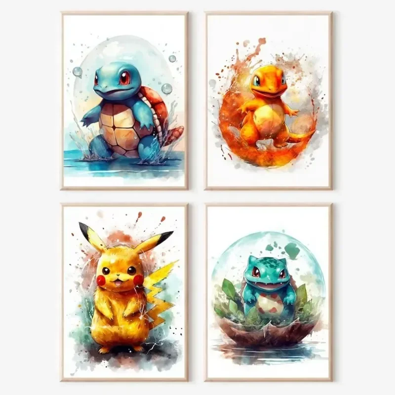 Anime Pokemon Canvas Painting Bulbasaur Charmander Squirtle Poster and Print Watercolor Wall Art Picture Home Decor Kids Gifts