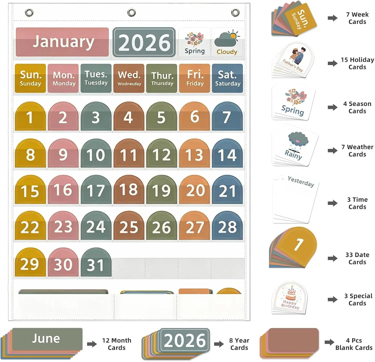 Gráfico de bolsillo grande para calendario de aula con 96 tarjetas Gráfico de bolsillo meteorológico mensual blanco para aprendizaje de niños