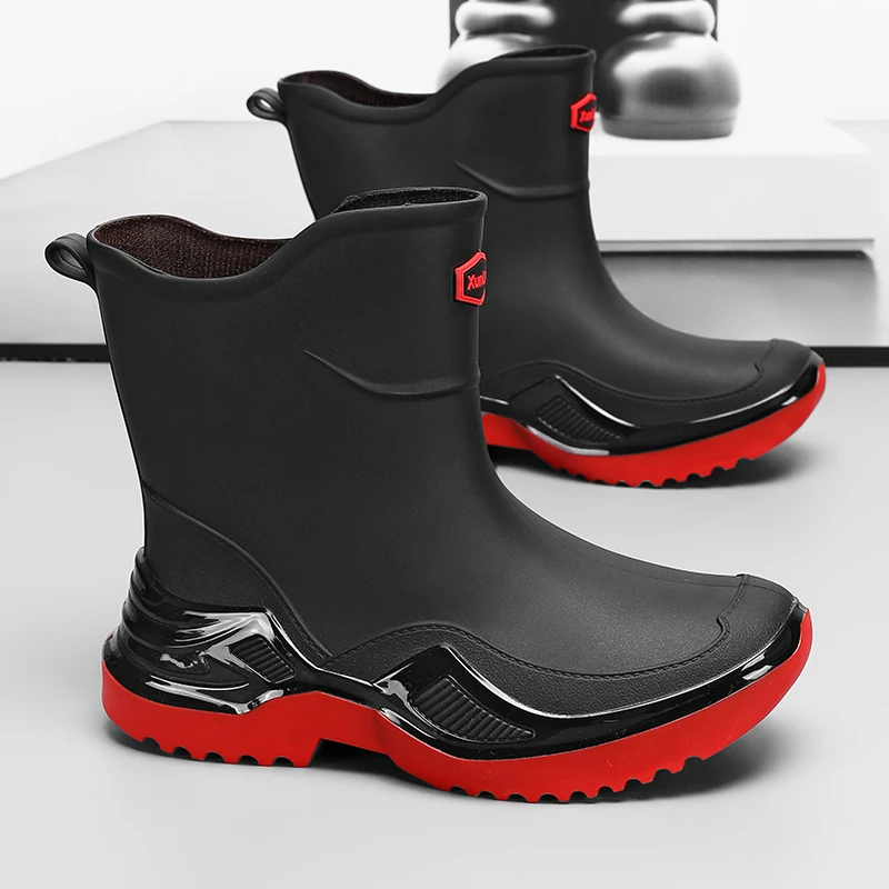 

Модные мужские резиновые сапоги средней длины для активного отдыха, утолщенные, расширенные, нескользящие, удобные, новые