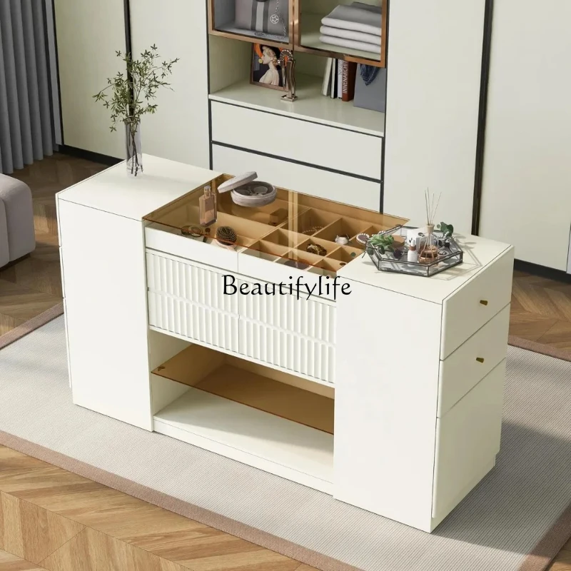 

Modern Luxury Island Vanity Dresser, Multi-Functional Vanity Table with 6 Drawers and Open Shelves, Glass Tabletop, Display Shel