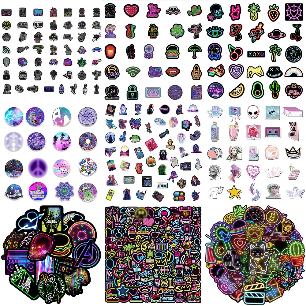 Série d'autocollants néon de dessin animé, graffiti violet créatif, décoration de skateboard, cahier, casque, ordinateur portable, valise, vente en gros, 10 pièces, 30 pièces, 50 pièces