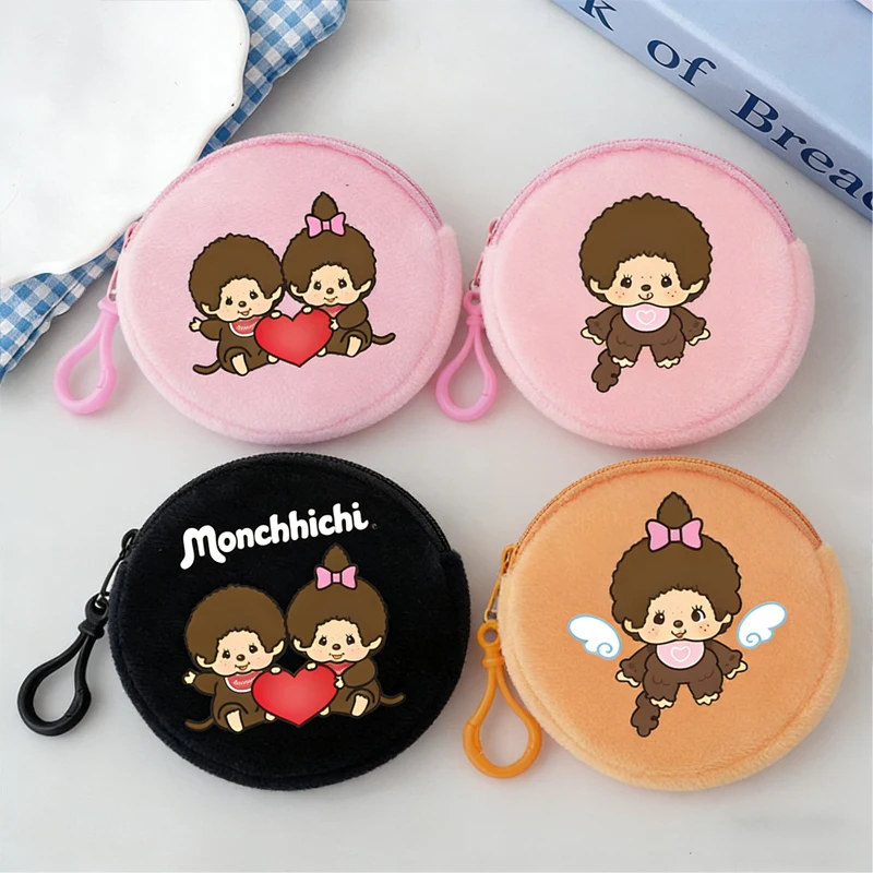 

Cute Monchhichi Round Coin Purse Cartoon Monkey Print Mini Key Pouch Zipper Small Wallet Boy Girl Coin Bags Sundries Storage Bag
