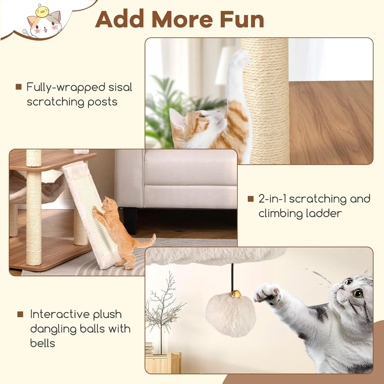 Tall Cat Tree, 68 Inch Modern Wood Cat Tower with Sisal Scratching Posts, 3 Padded Perches, Condo, 2-in-1 Ladder, Customized - view 6