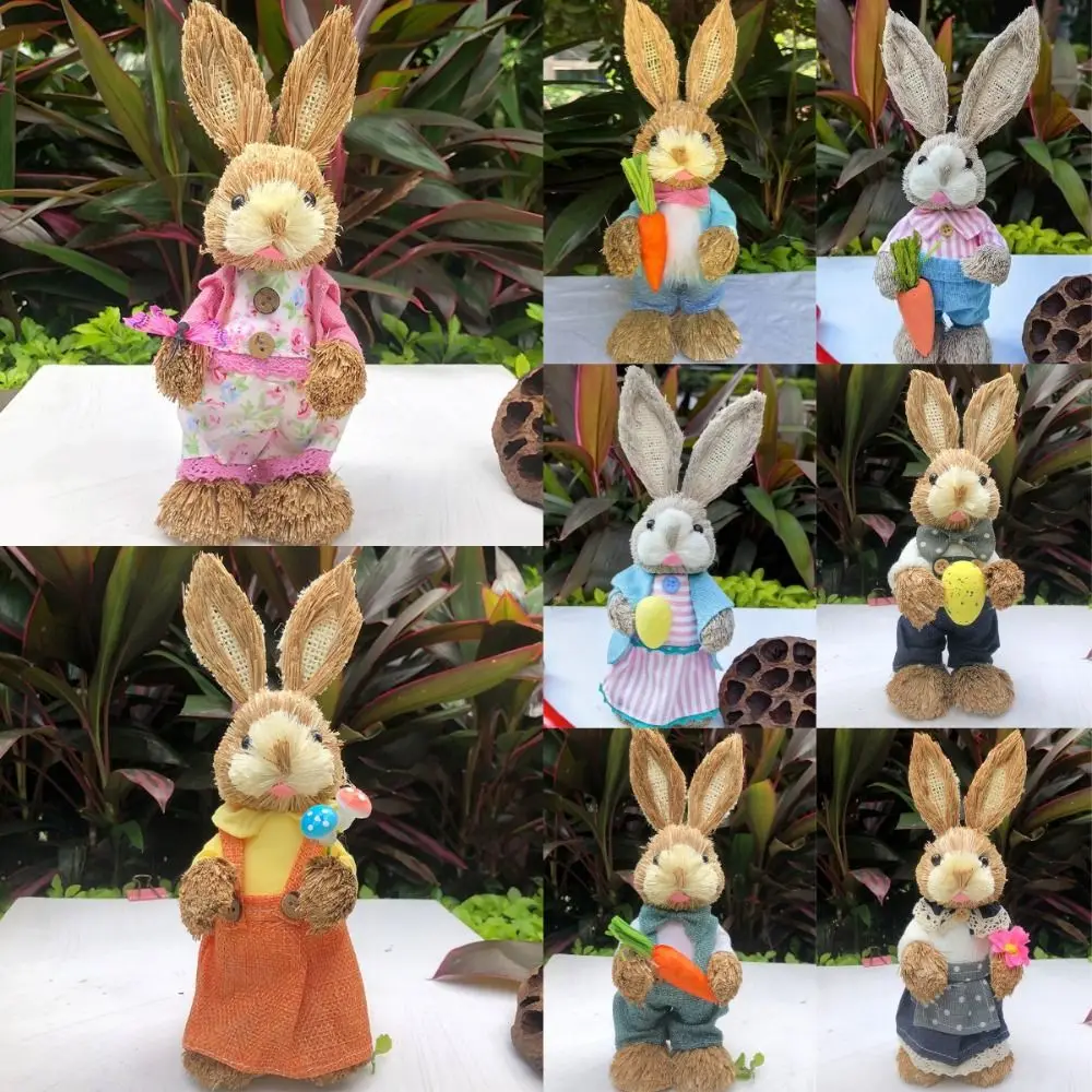 Cute High-25cm Straw Rabbits Handmade Hand Weave Landscape Statue Gift Photography Props Rabbit Statue Garden Balcony