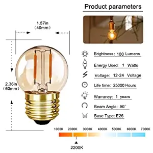 Imagem -02 - Vidro Âmbar Led Lâmpada Globo Vintage Baixas Tensões dc 12v 24v Vintage 1w Edison Base 2200k E26 Lâmpada de Acampamento Solar 15 Pcs G40