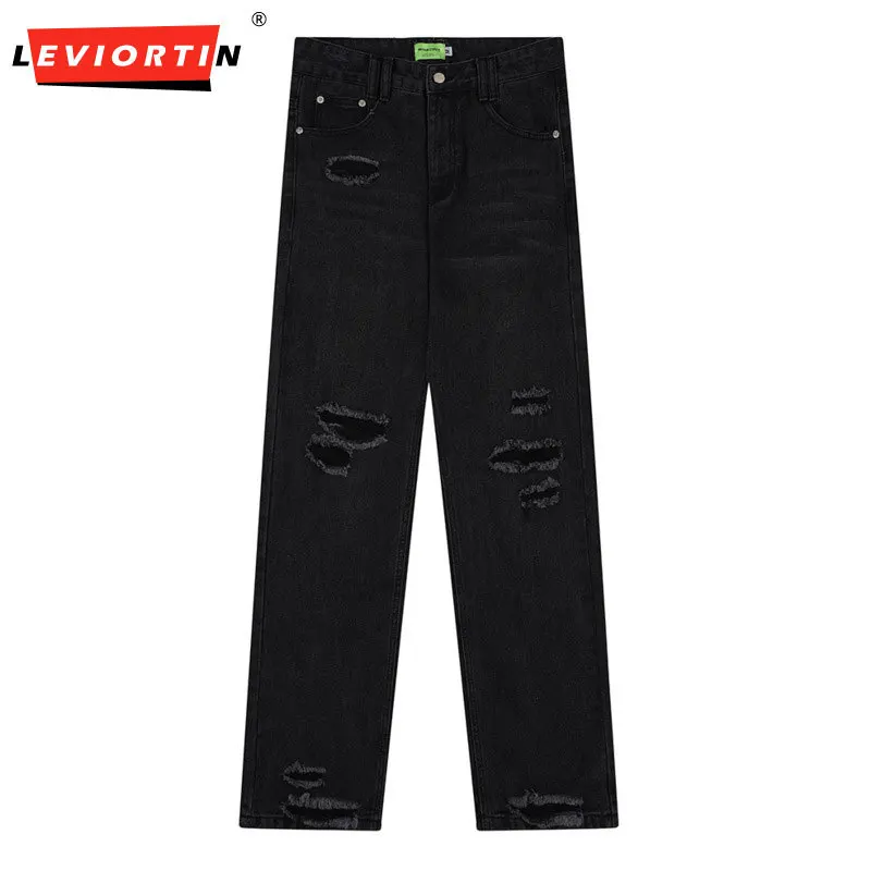 

Distreesed Hole Straight Jeans Pencil Pants for Men High Street Solid Color Vintage Denim Trousers Unisex Ripped Cargos