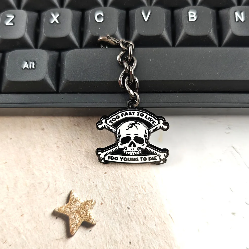 Zu schnell, um zu leben, zu jung, um zu sterben Schlüsselanhänger Vintage Punk Rock Totenkopf Kreuzbeine Metall Schlüsselring Gothic Taschen- und Autoanhänger Geschenk – Detail 6