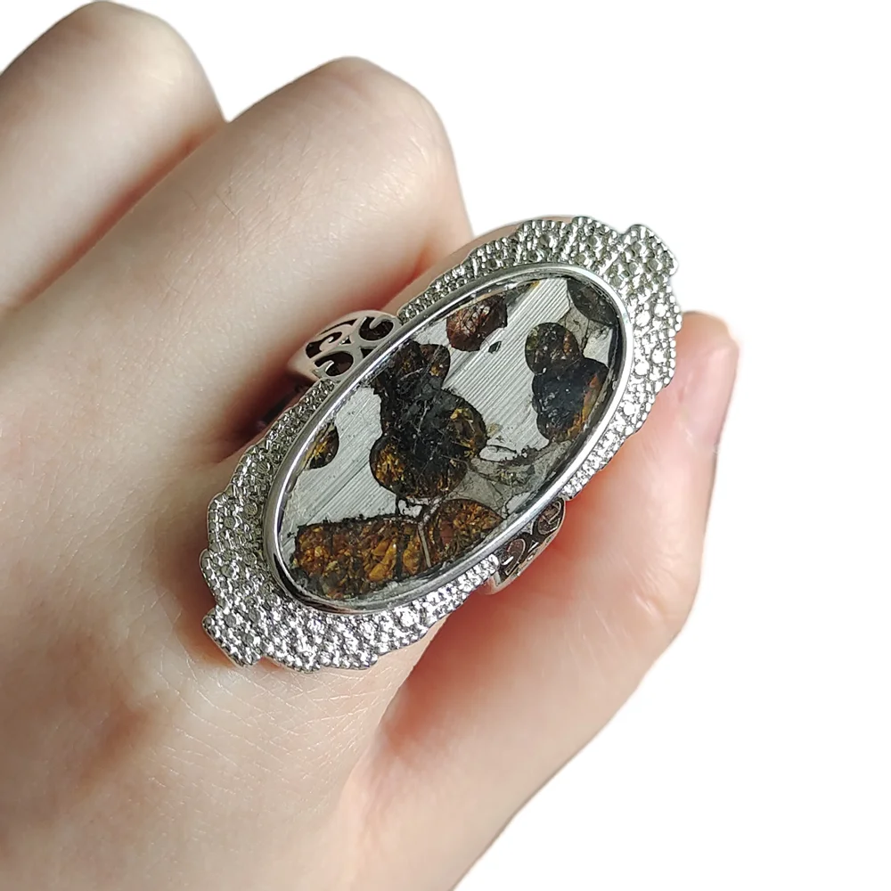 

Brenham Olive Meteorite Ring S925 silver case Natural Meteorite Material Ring Olive Meteorite Specimen