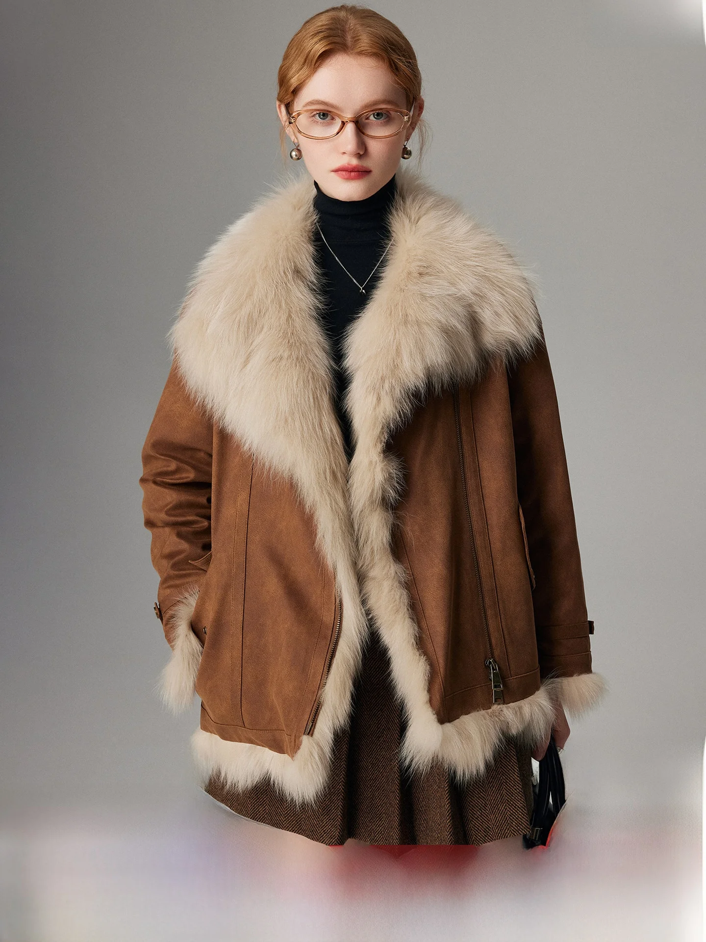 

Young Women's Fur Collar down Jacket Goose down Inner Coat Winter Design Casual Long Sleeve Zipper Pocket Loose Fit Coat