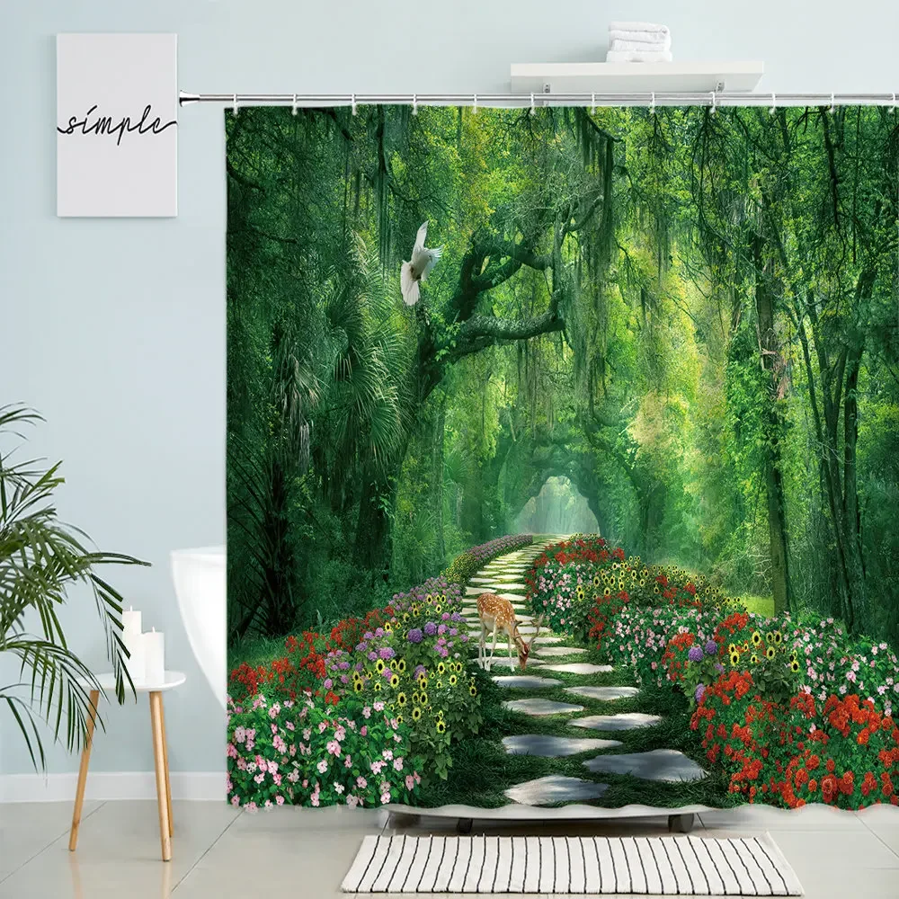 Forest Park Landscape Shower Curtain Natural Landscape Bathroom Flowers Green Plants Road Deer Bird Animals Waterproof Curtains