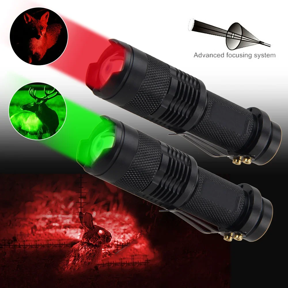 Mini LED Flashlight Green/Red Zoomable Tactical Torch Lamp Hunting Portable Torch Flash light Adjustable Flashlight for Hiking