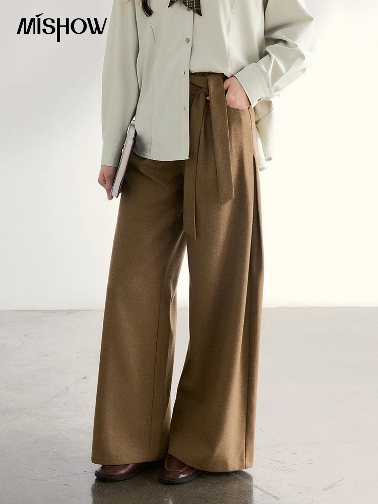 MISHOW Women's Strap Design Brown Wide Leg Pants Spring High Waist Back Elastic Waist Pants Casual Loose Trousers MXF11K1134