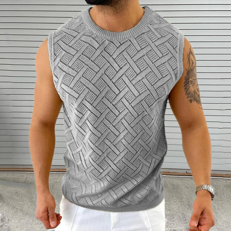 

Vintage Textured Knitted Tank Tops Mens Spring Summer Fashion Crew Neck Sleeveless Camisoles Men Streetwear Trendy Knitting Vest