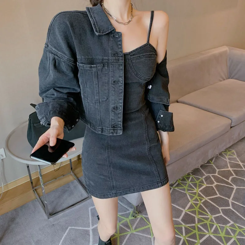 

Stylish Autumn Winter Denim Jacket And Halter Dress Set for Women Beautiful Ageless Fashion Luxury Style Chinese Origin