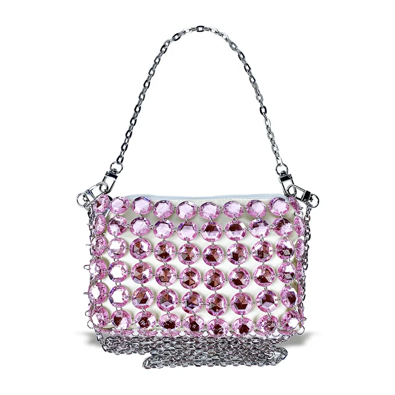 Luxury Design Pink Diamond Shiny Hollow Out Evening Bag Hand-woven Candy Colors Crystal Clutch Purse Silver Chain Phone Bag 2024