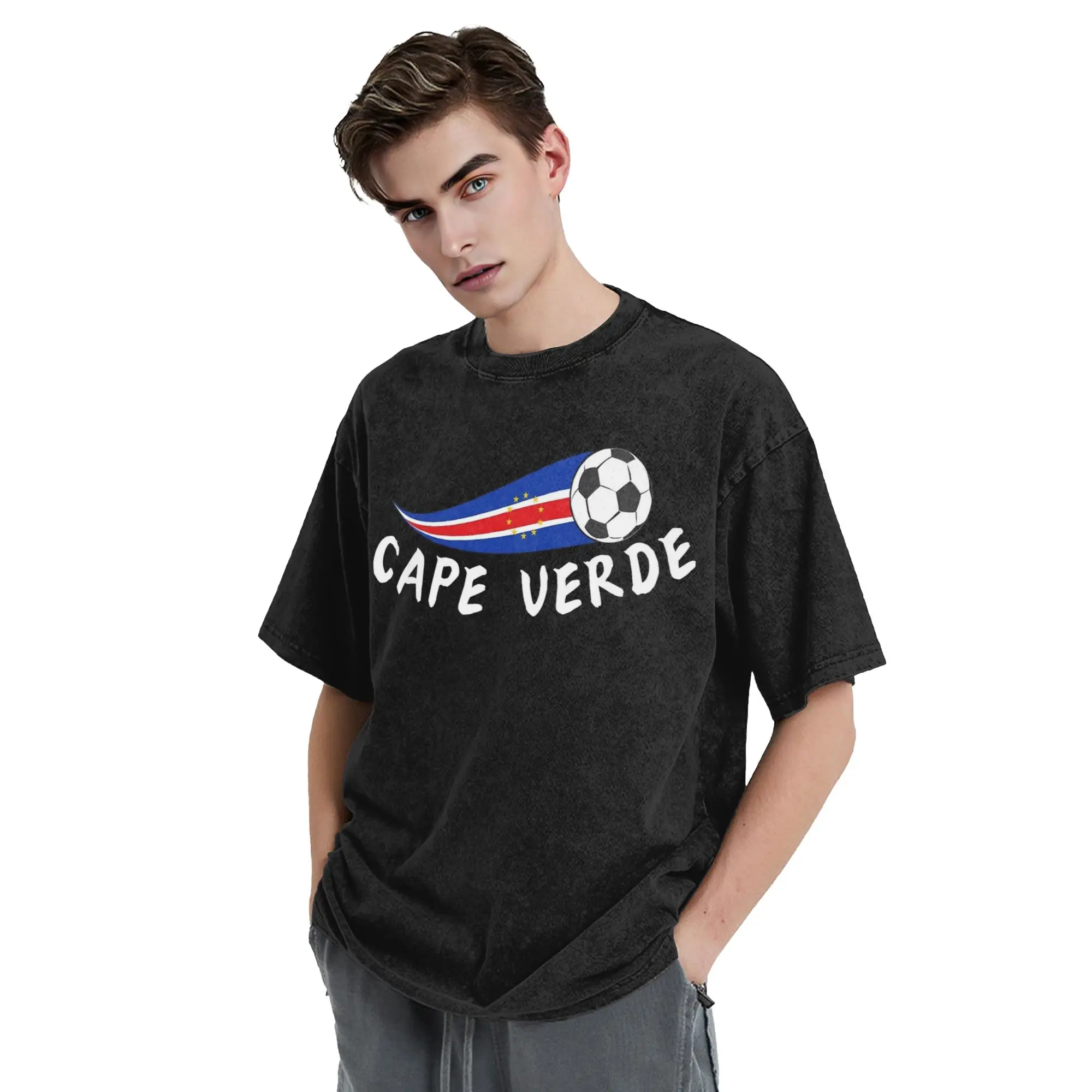 Cape Verde Flag Cabo Verde Soccer Ball Washed T Shirts Streetwear  Retro T-Shirt  Tees for Men Women Short Sleeve Printed