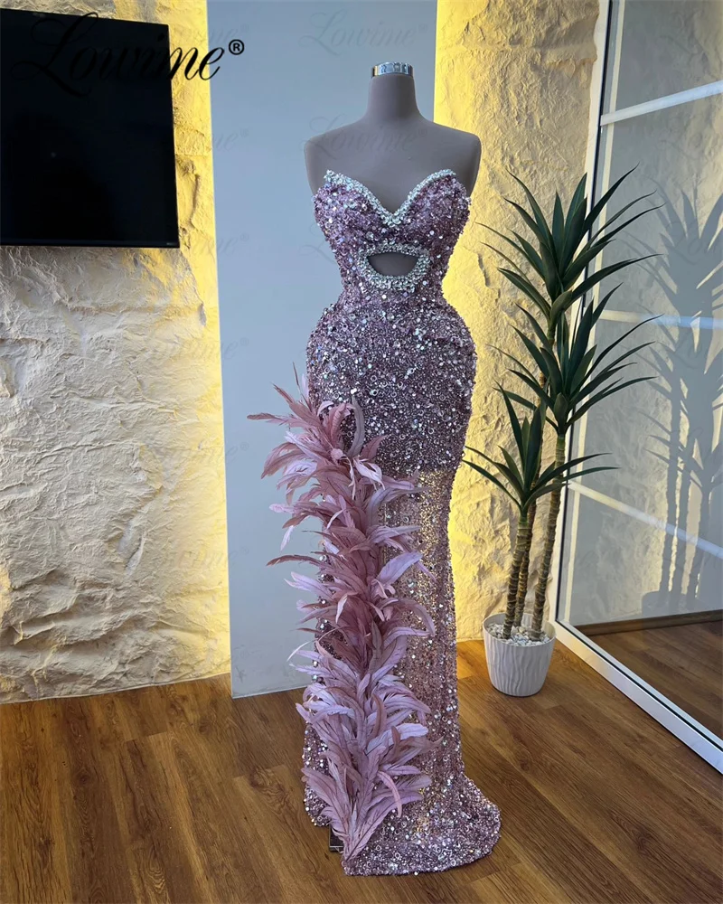 

Feathers Celebrity Dresses 2024 Couture Crystal Sequined Mermaid Prom Dresses Arabic Evening Gowns Aso Ebi Wedding Party Dress