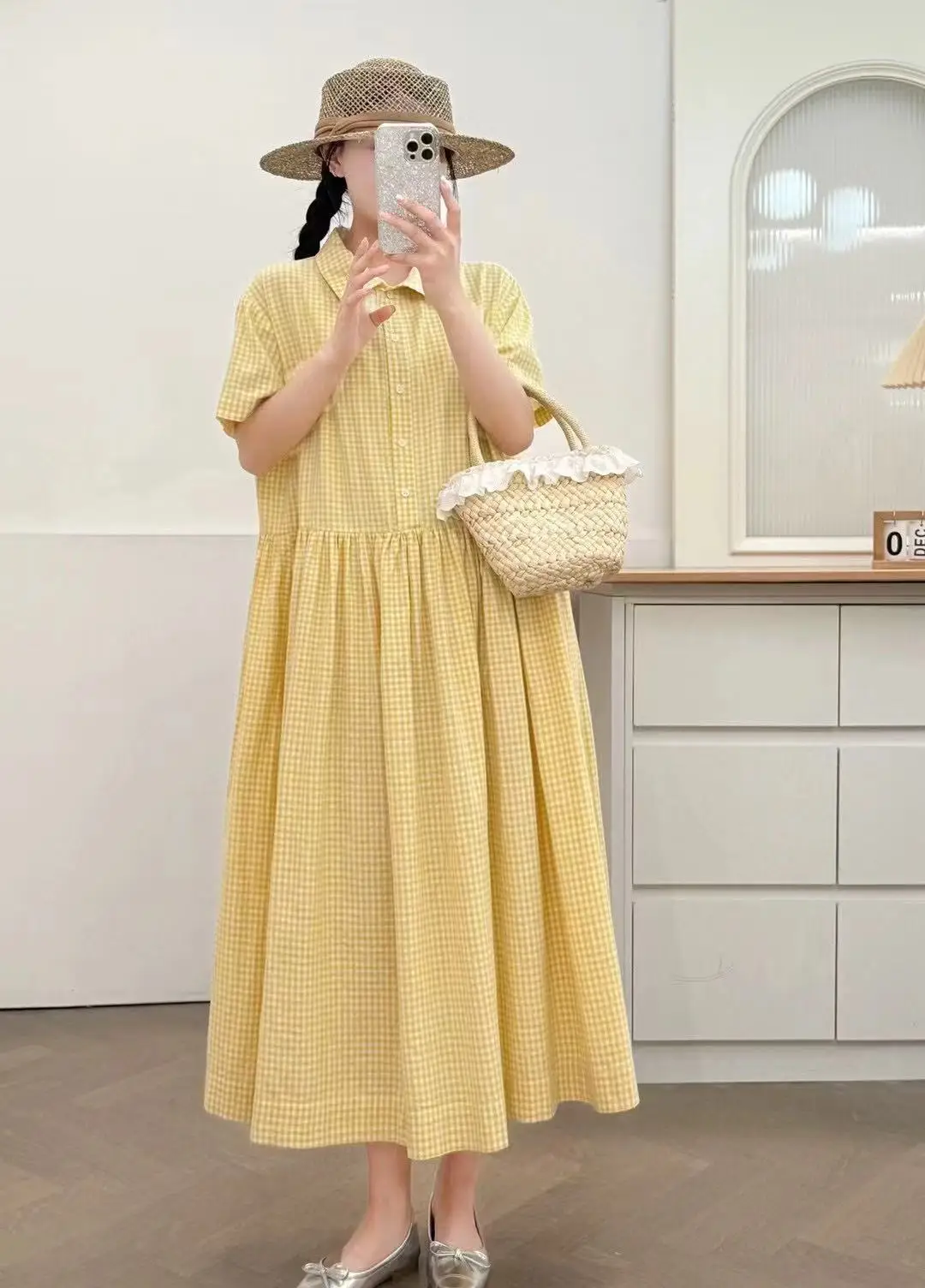New 2026 Summer Women Cotton Half Sleeve Dresses, Turn-down Collar Plaid, Mori Girl Sweet Age Reduction Loose Dress D64428CC