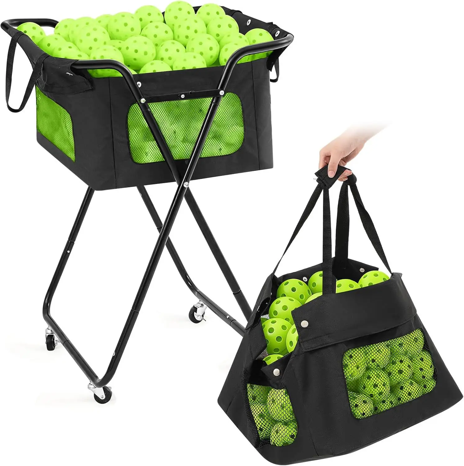 Portable Lightweight Metal Steel Pickleball Ball Cart Oxford Fabric Carry Bag for 120 Tennis Balls 100 Pickleballs Outdoor Use