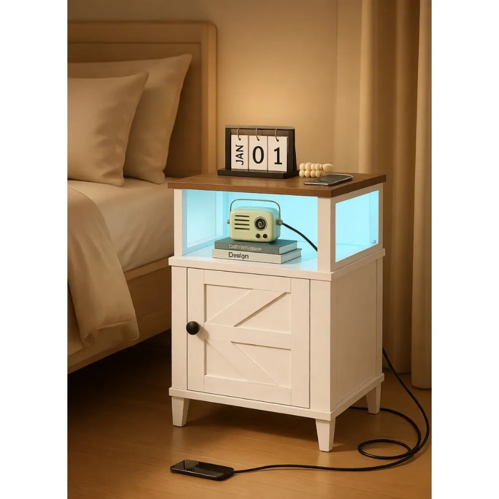 

Farmhouse Nightstand with Charging Station USB Ports LED Light Storage Cabinet for Bedroom Living Room