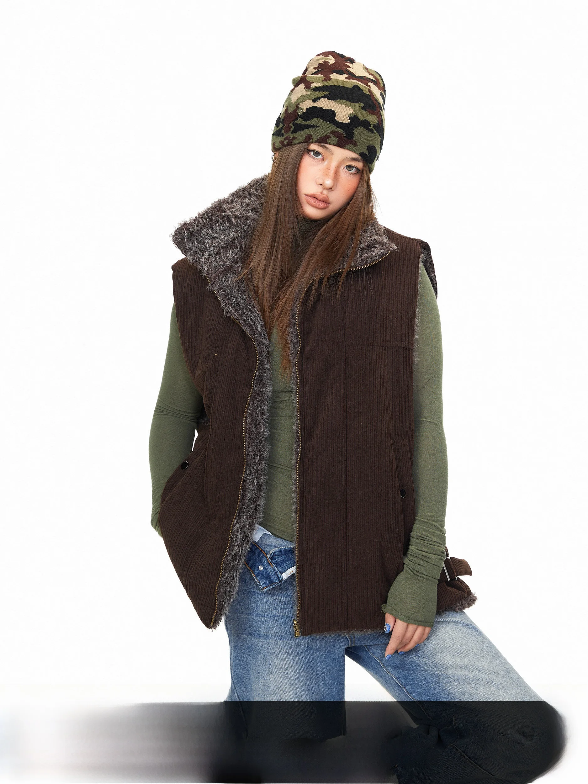 Blabb Double-Sided Wearable Thiened Warm Cotton Vest American Sle Casual Loose Fit Outerwear Polyester Fiber Zipper Clo...