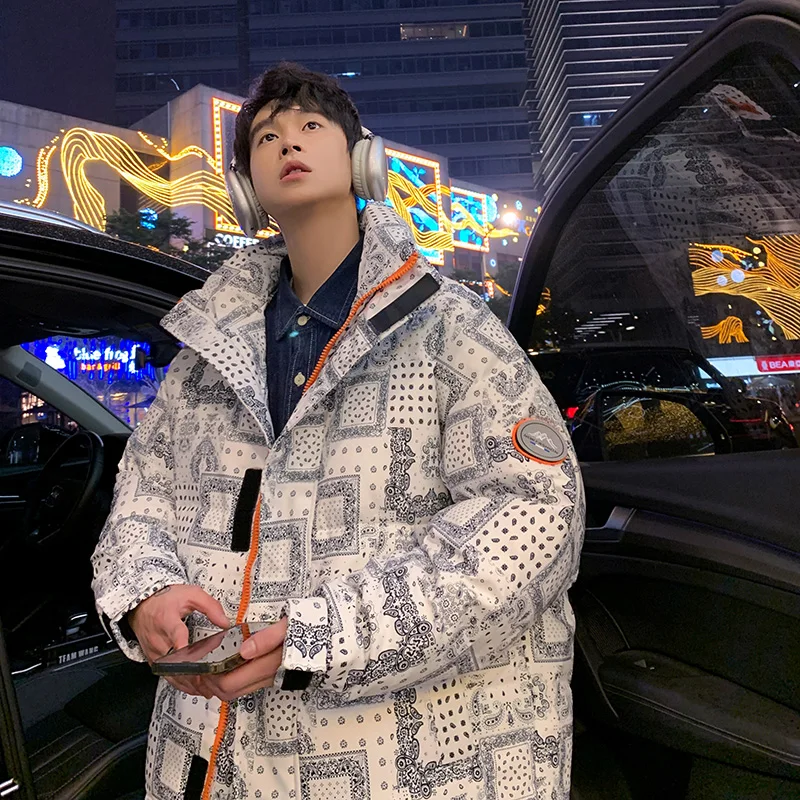 

Мужская утепленная зимняя куртка без капюшона с воротником-стойкой, с цветочным узором на талии, уличная верхняя одежда из полиэфирного волокна, белый пуховик