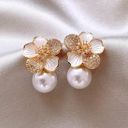 Yupsk Elegant White Shell Flower Drop Earrings Shiny Rhinestone Pearl Wedding Charm Circle Hoop Earring for Women