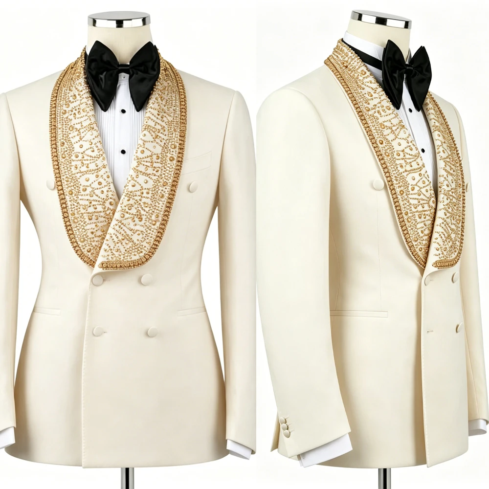 Gentleman Jacket Beaded Rhinestones Shawl Lapel Double Breasted Tuxedos Wedding Groom Wear Customized 1 Piece Formal Coat