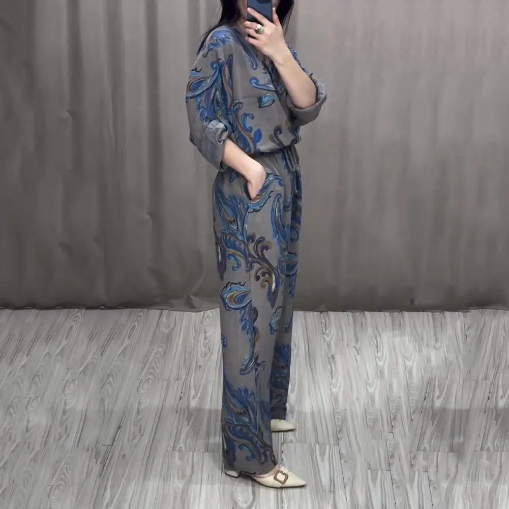 

Autumn Casual Suit Set Women's Printed Shirt Wide Leg Pants Set for Daily Outfit with Turn-down Collar Elastic Waist Commute