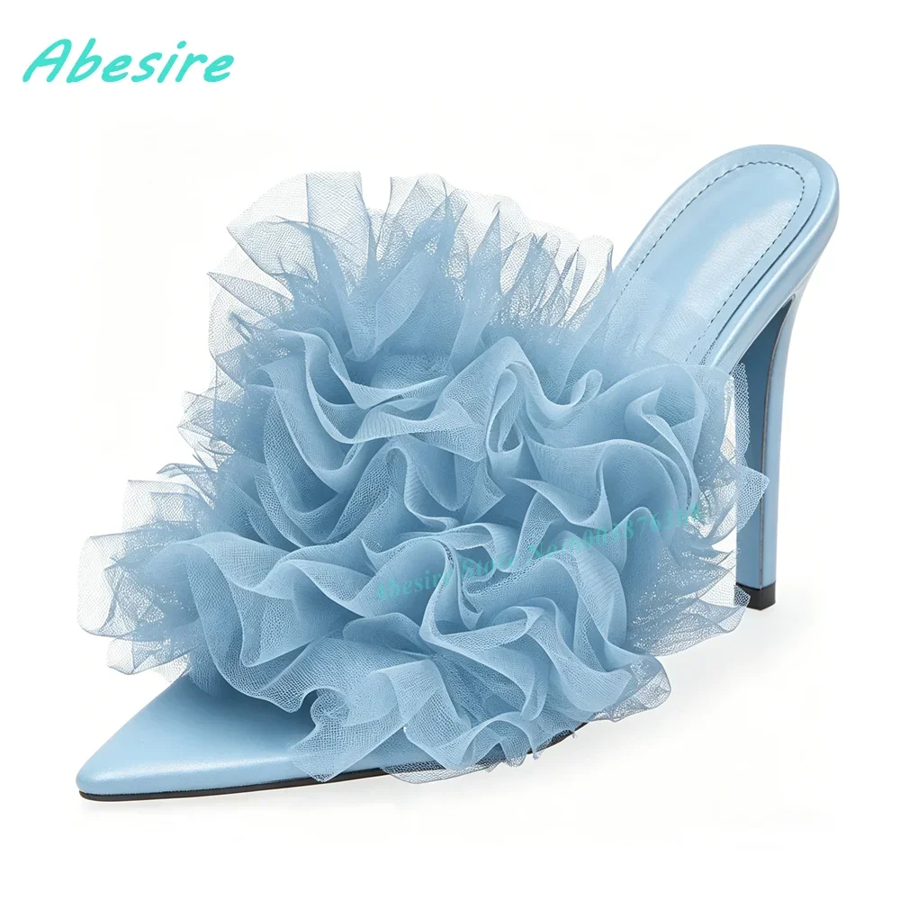 Pink Ruffled Pointed-Toe Outside Slippers Slip-On Stiletto Heels Shoes for Women Summer Elegant Party Sweet Fashion Show Shoes