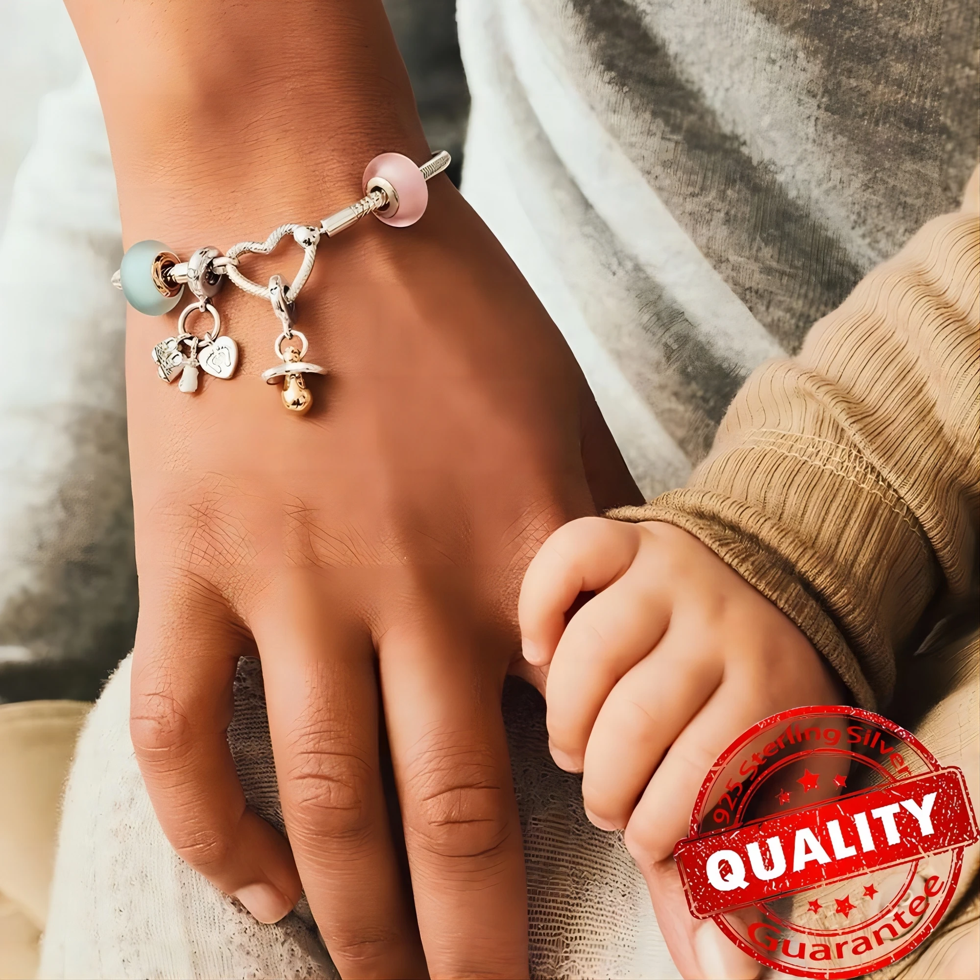 Chupete de oro rosa auténtico para bebé, colgante simulado compatible con Pulsera Original, colgante DIY de Plata de Ley 925, joyería de cumpleaños