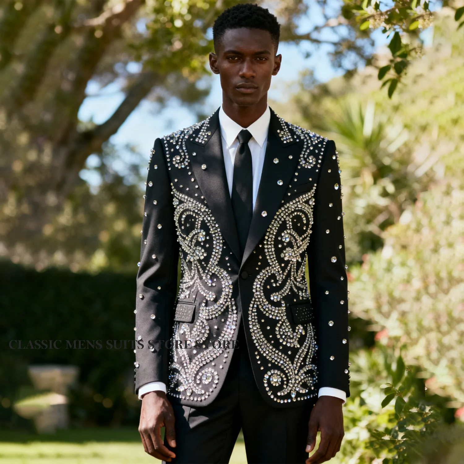 

Exquisite Slim Fit Men Suits Single Breasted Ropa hombre 2 Pieces Sets Groom Male Blazers Rhinestones Beaded Wedding Tuxedos