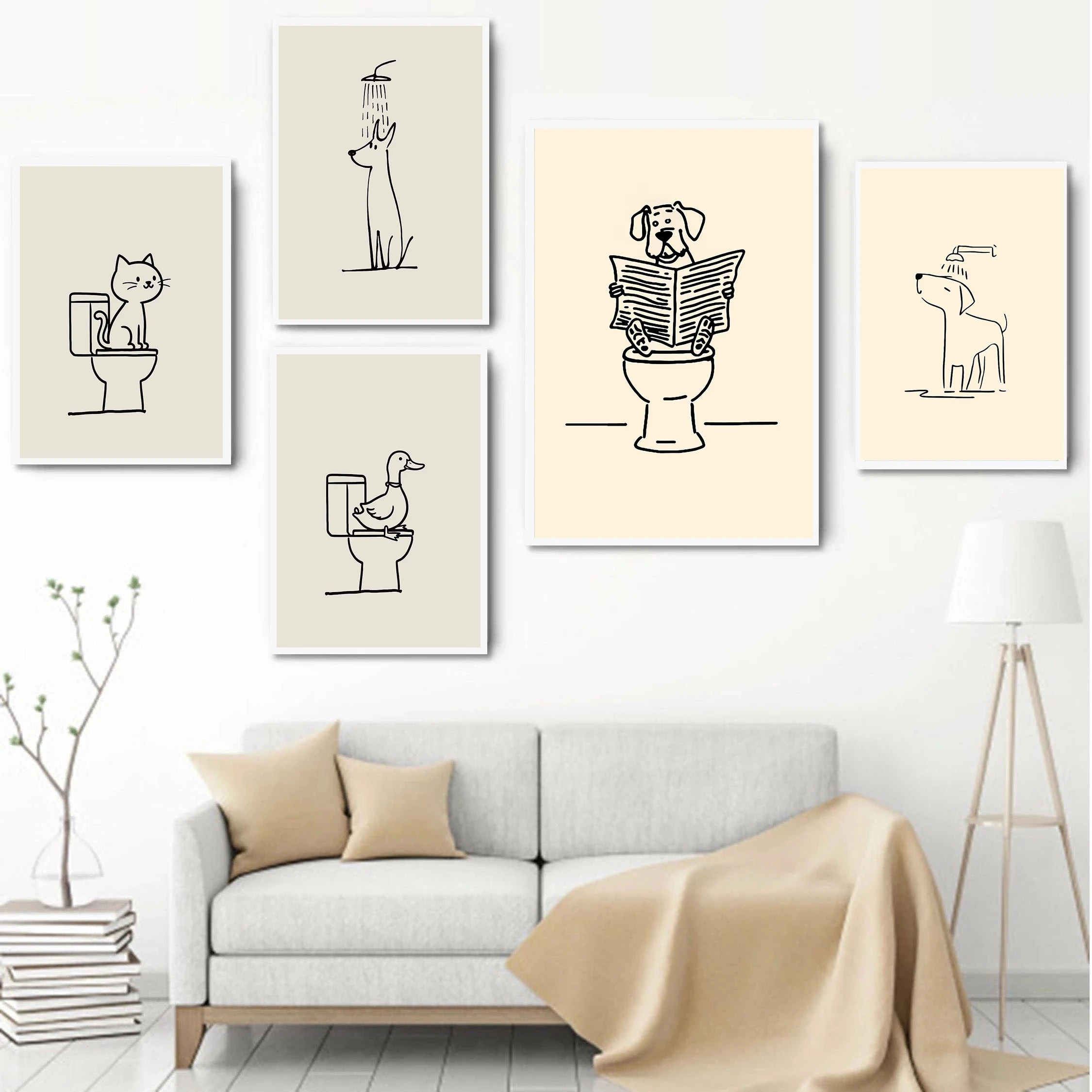Funny Animals Shower Toilet Posters Reading Newspaper Modern Prints Canvas Painting Wall Art Pictures Home Living Room Decor