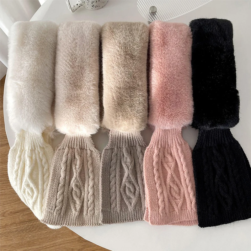 Monocromático Faux Rabbit Fur Collar, lenço de tricô fofo, xale quente, Woolen Cross Muffler, engrossar, ao ar livre, proteção do pescoço, pele