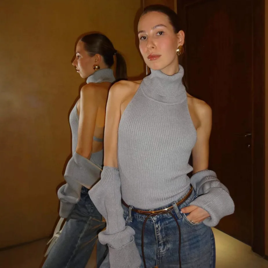 Conjuntos de camisetas sin mangas de punto 2025 para mujer, chaleco de cuello alto a la moda y chal de manga larga, trajes de 2 piezas, Top de punto Sexy con espalda descubierta para mujer