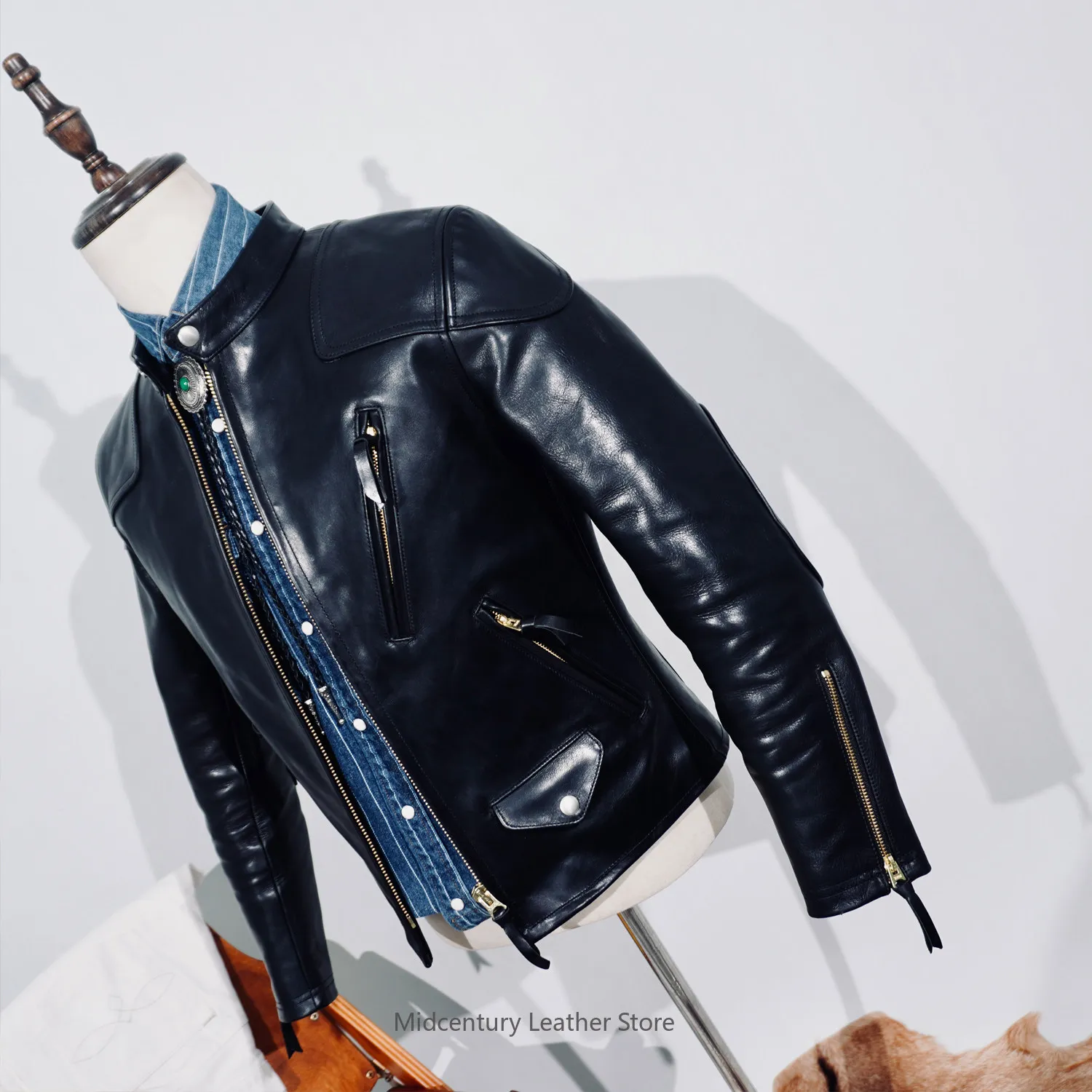 

1.6MM thickness Italian horse leather stand-up collar short locomotive jacket