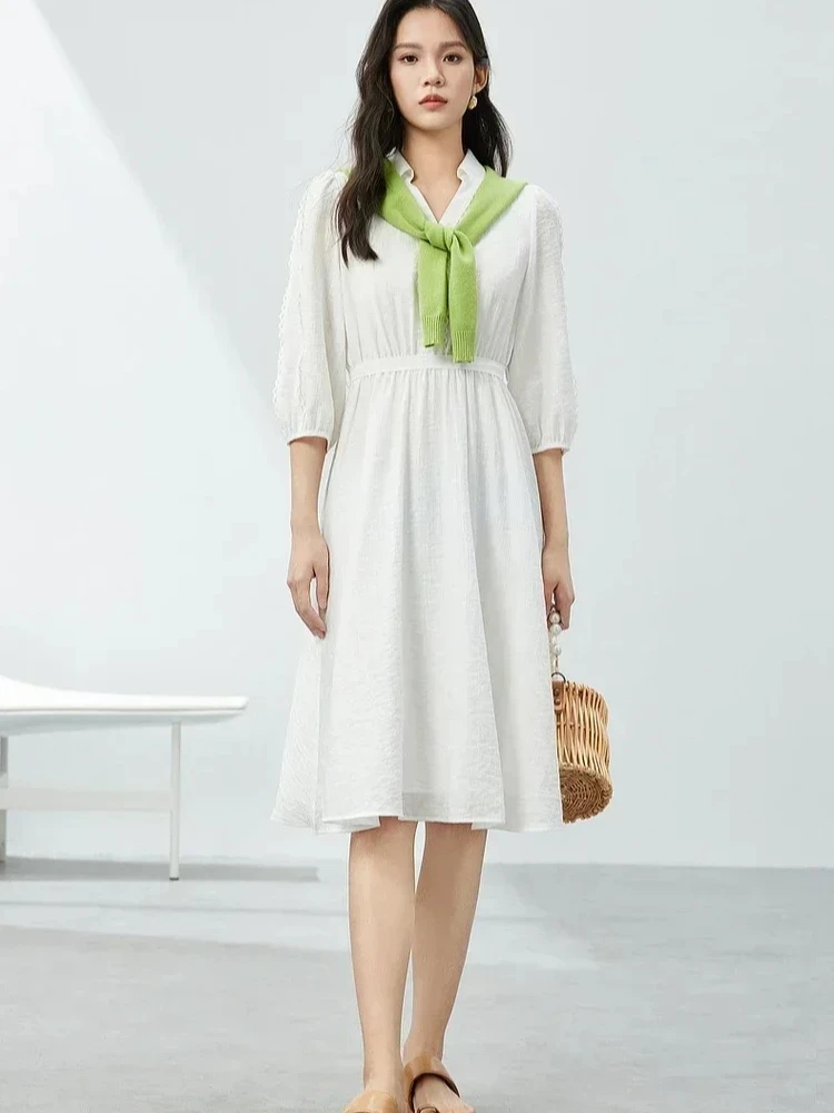 

SENTUBILA Summer V-neck Midi Dress For Women 2025 Summer New Solid Tie Belt A-line Pullover Casual Dresses Clothes 142L54365