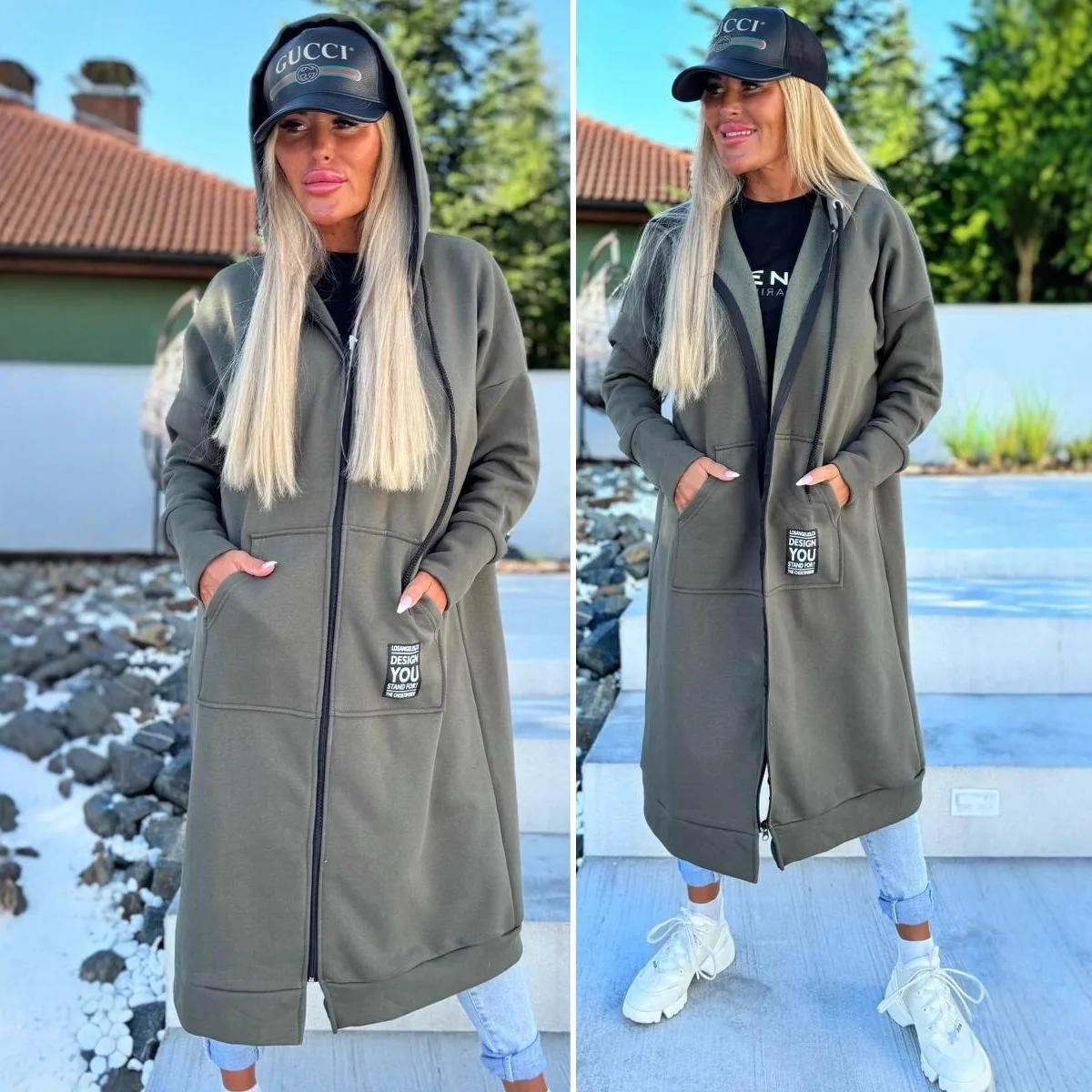 

Women's Casual Hooded Sports Fleece Sweatshirt Women's Fashionable Long Sleeved Zipper Solid Color Jacket Windbreaker Coat