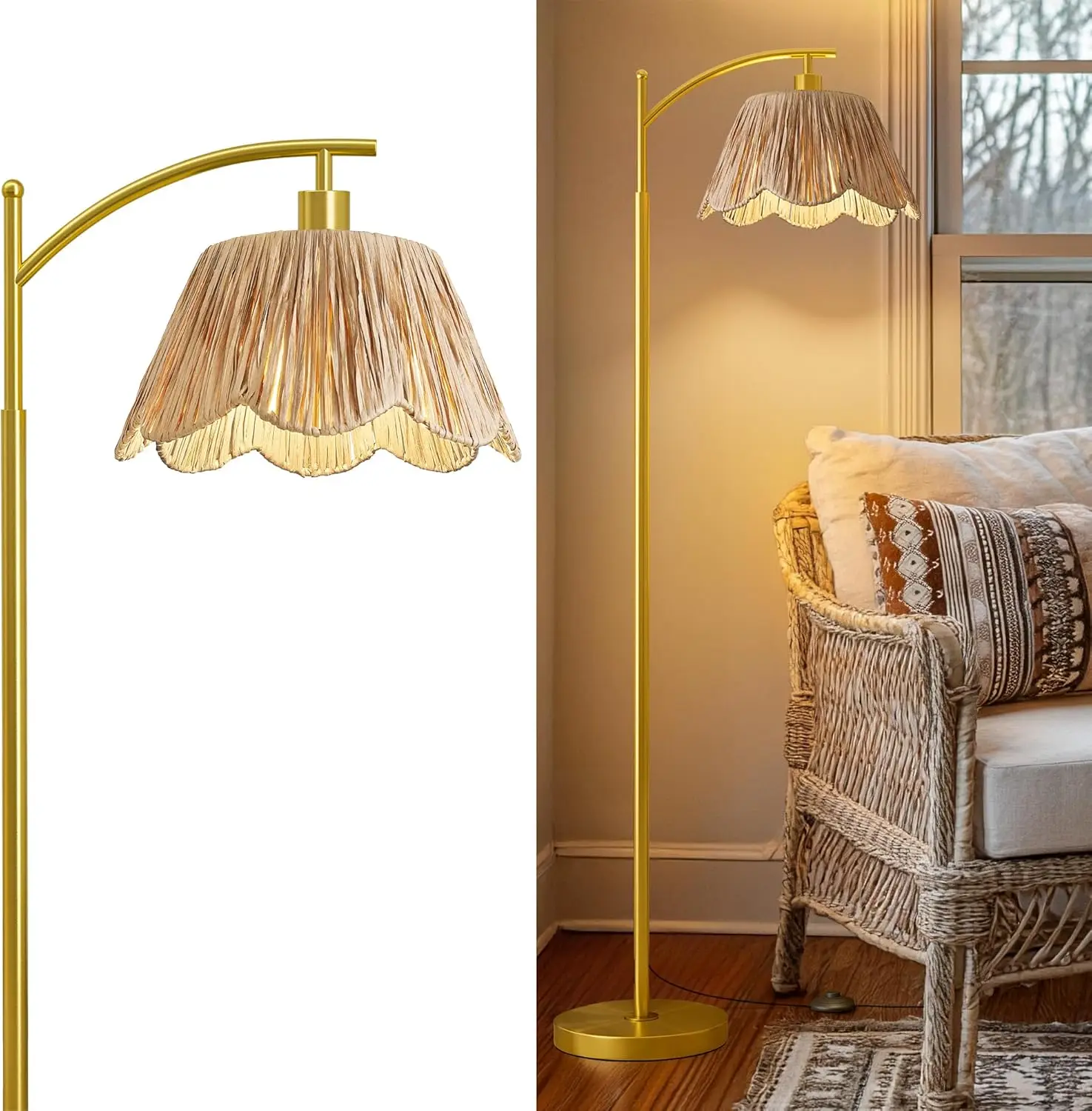 

Rattan Boho Floor Lamp with Hand-Woven Shade, Gold Metal Base, Foot Switch for Living Room Bedroom Corner Reading