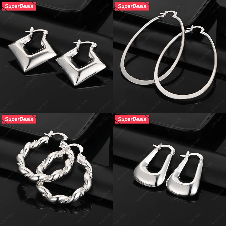 

SuperDeals 925 Sterling Silver Oval Square U-Shaped Round Twisted Hoop Earrings For Women Party Anniversary Gift Elegant Jewelry