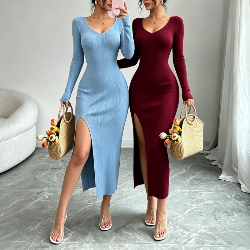 Bodycon Long Sleeve Ribbed Dress - Vestido largo de punto acanalado con