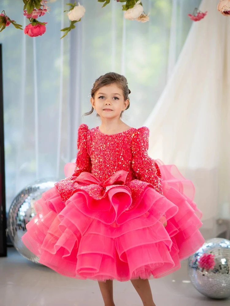 Shiny Long Sleeve Sequined Flower Girl Dresses Hot Pink Ruffles Girl's Birthday Party Dress Kids Pageant Dress Customized