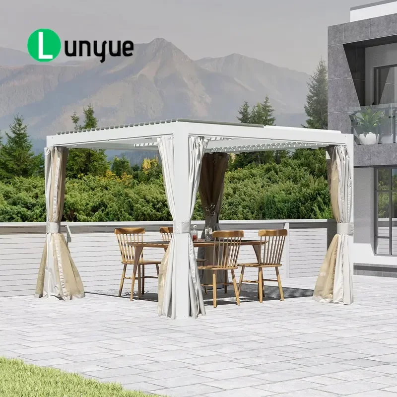 10x10ft Aluminum Outdoor Gazebo with Adjustable Blinds Canopy Built-in Gutter System Modern Terrace Deck Pergola for Patio