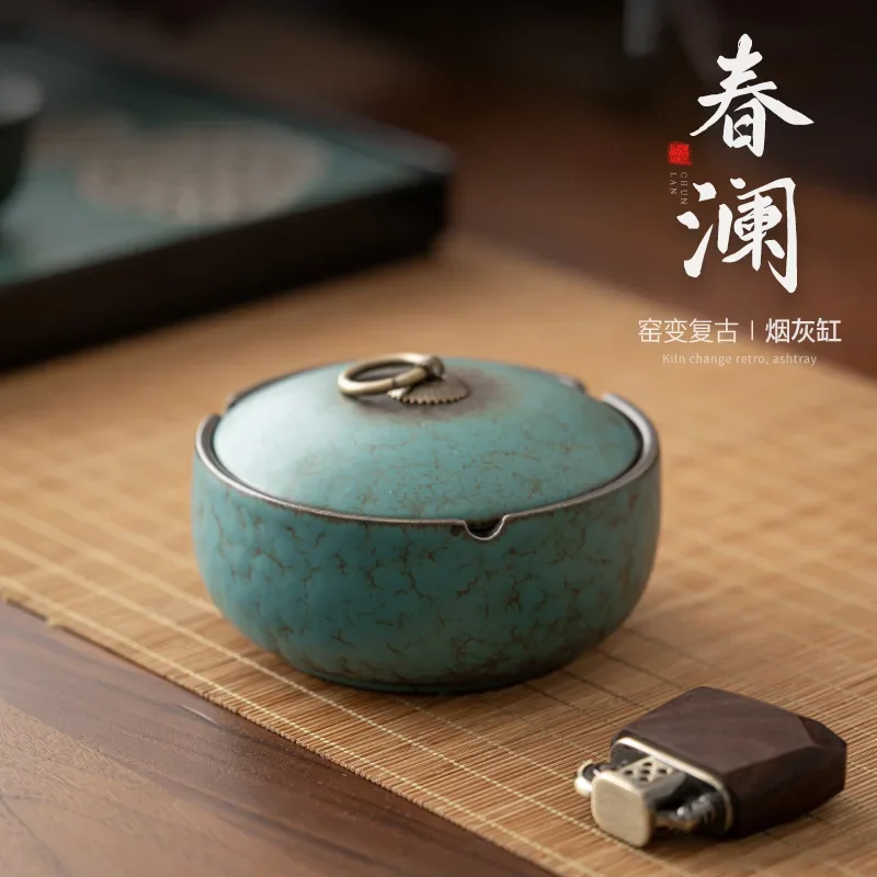 Chunlan Kiln Baked Ashtray with Lid Retro Japanese Style Home Living Room Office Large Ceramic Ashtray Prevent Fly Ash Ashtrays