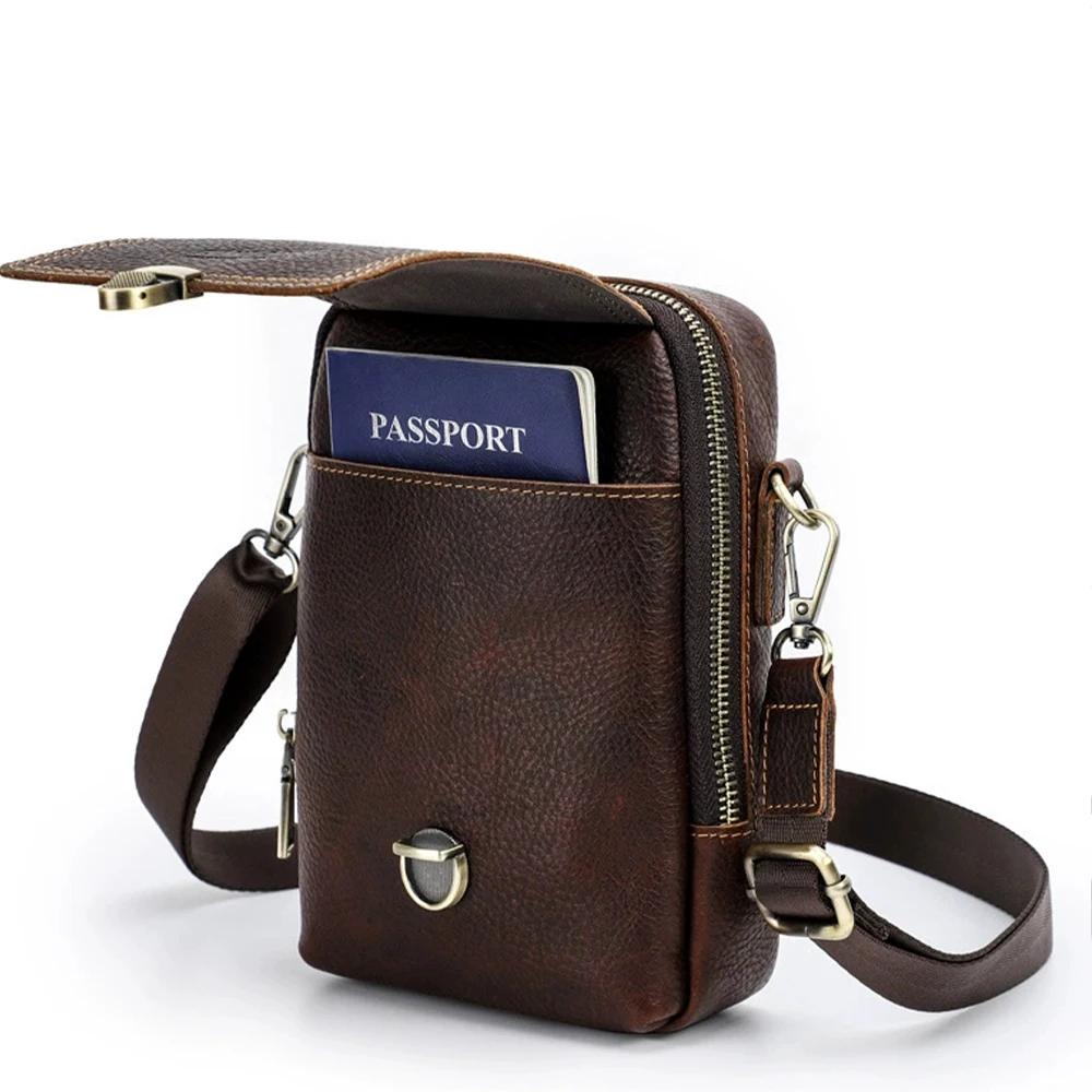 Vintage Break Cowhide Men's Mobile Phone Crossbody Bag Multifunctional Storage Wallet Waist Bag Coffee