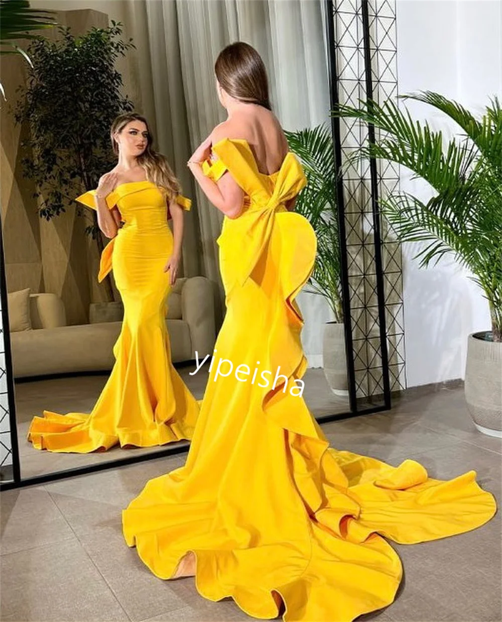 Jiayigong-Vestido de formatura com babados, pescoço trompete, vestidos longos para ocasiões formais, trem e baile