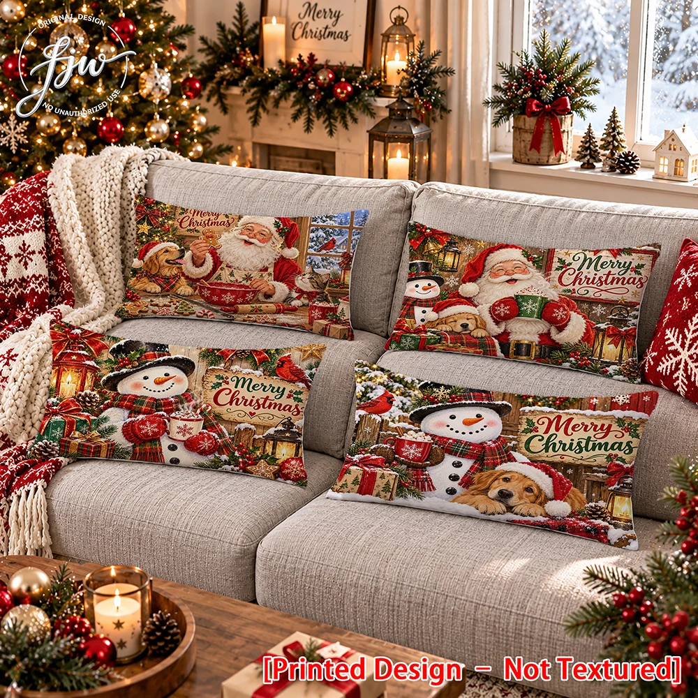 4pc Christmas Throw Pillow Covers Vintage Santa Snowman Holiday Decorative Cushion Cases for Sofa Couch Bed