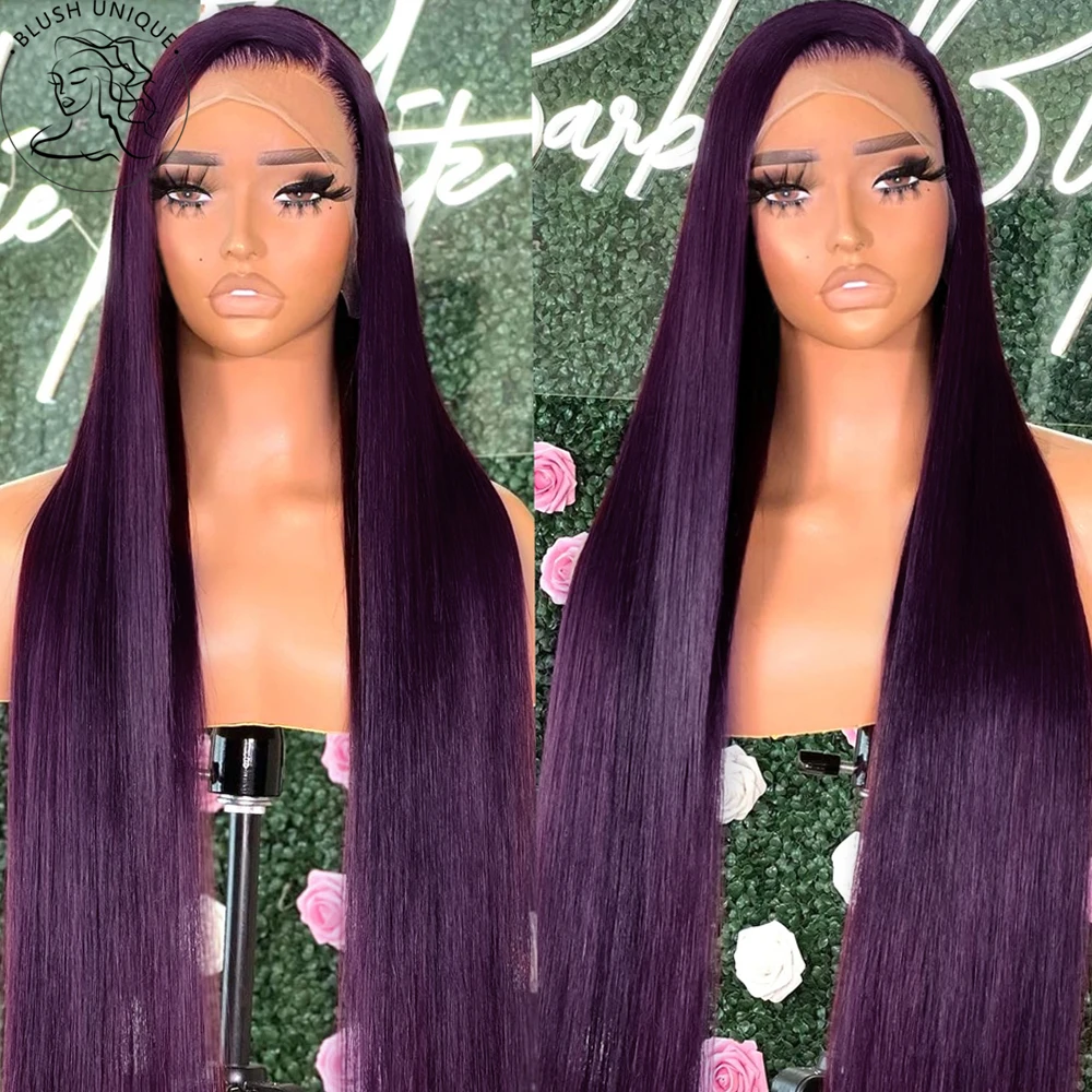 Deep Purple Straight Lace Front Wigs Dark Burgundy HD Transparent Lace Wigs Synthetic Glueless Pre Plucked with Baby Hair Wigs