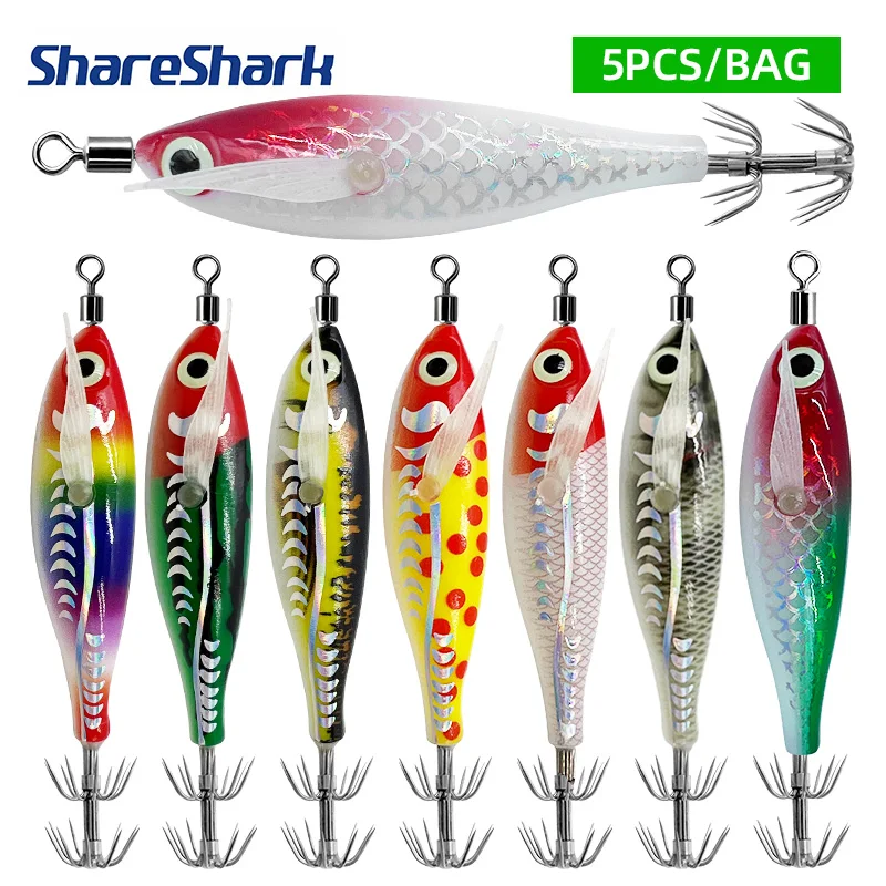ShareShark 5 Stück/Beutel Laser-Horizontal-Garnelen- und Tintenfischköder, leuchtende Imitation eines Garnelen-Röhrenköders für das Meeresangeln.